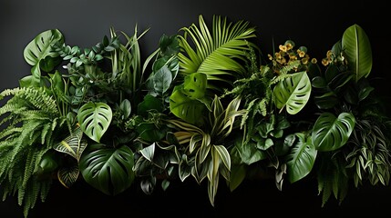 Green leaves of tropical plants bush (Monstera, palm, fern, rubber plant, pine, birds nest fern) floral arrangement indoors garden nature backdrop isolated on white background : Generative AI