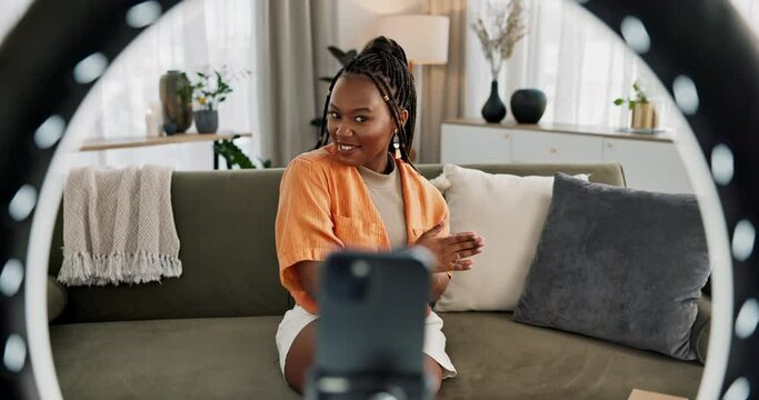 Video, influencer and black woman doing skincare for tutorial on social media or the internet. Dermatology, happy and young African female person filming or live streaming facial routine at home.
