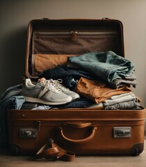 open suitcase with neatly arranged clothes for travel preparation."