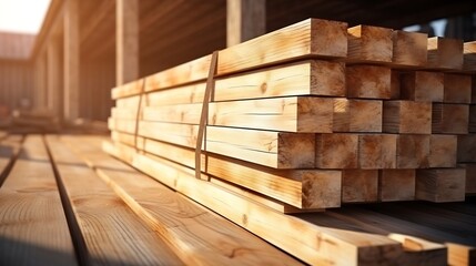 Wooden planks and beams. Air-drying timber stack. Wood air drying. Wood for house construction. Building material. Wood warehouse : Generative AI