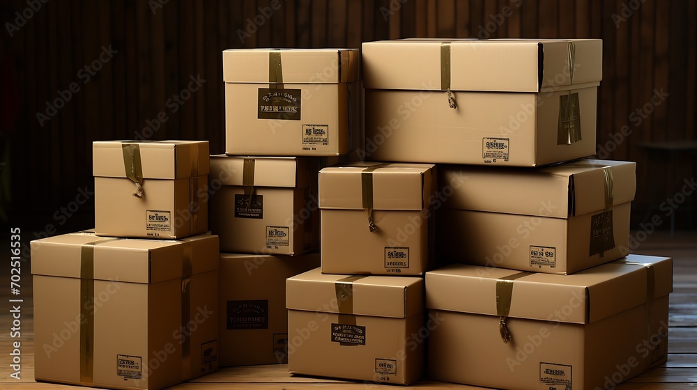 Poster cardboard boxes stack on white background : generative ai
