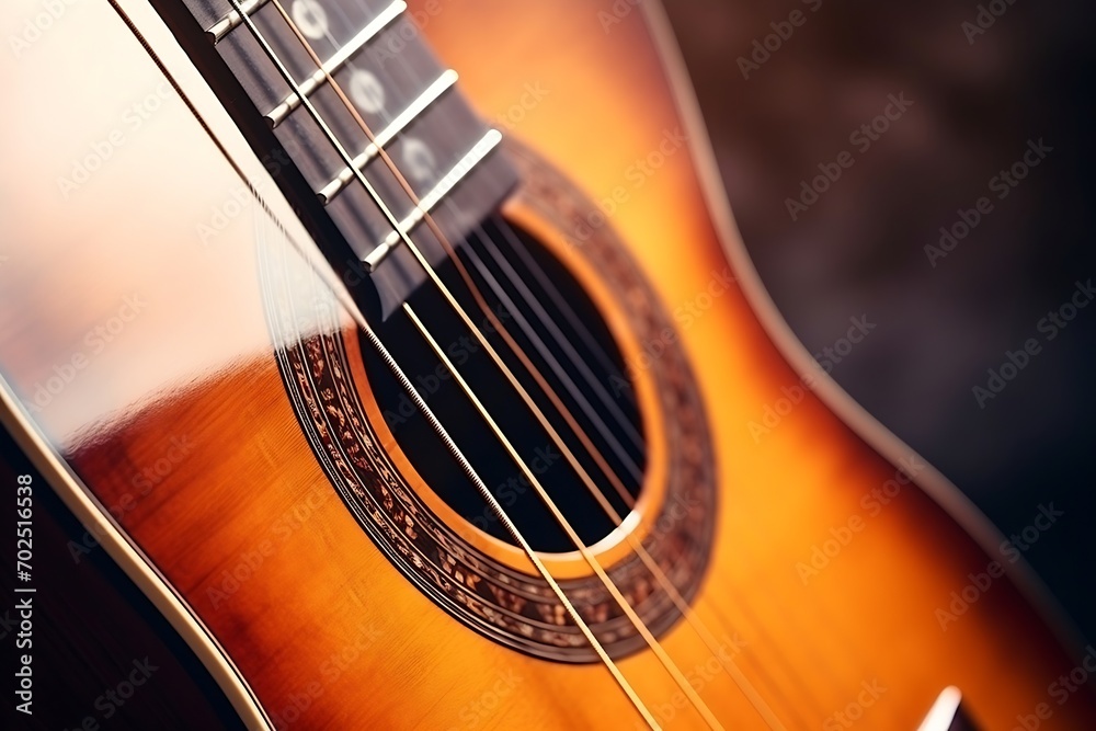 Poster musical instrument acoustic guitar with strings selective focus close-up : generative ai