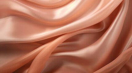 Fluid draping of peach satin fabric with a silky texture, conveying softness and luxury in a close-up view.