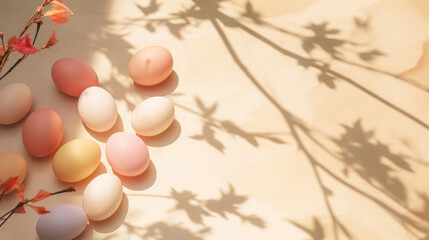 Colorful Easter eggs nestled among shadowy spring blossoms on a sunlit background.