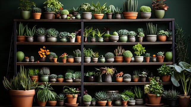 Stylish composition of home garden interior filled a lot of beautiful plants, cacti, succulents, air plant in different design pots. Green wall paneling. Template. Home gardening conce : Generative AI