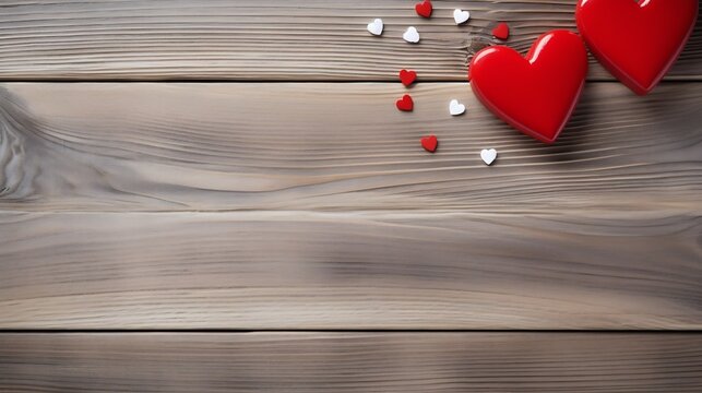 Valentine's Day postcard. Love concept for mother's day and valentine's day. Happy Valentine's day hearts on wooden background. Valentine card with space for text : Generative AI
