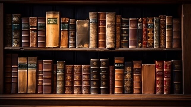 Old books on a wooden shelf. : Generative AI