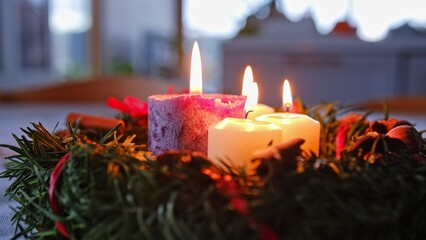 Christmas Advent Wreath with Lit Wax Candles