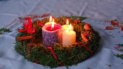 Christmas Advent Wreath with Lit Wax Candles