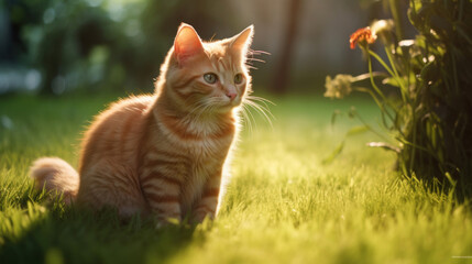 Naklejka na ściany i meble A young ginger kitten sits serenely in a sun-drenched garden, surrounded by lush greenery and warm sunlight.