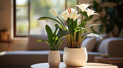 horizontal image of a bright living room with a large tropical houseplant, giant white bird of paradise, strelitzia nicolai, copy space : Generative AI
