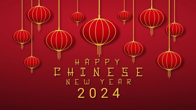 happy chinese new year 2024 gold and shiny animation,year of the dragon,red background, Animated text Happy chinese new year 2024