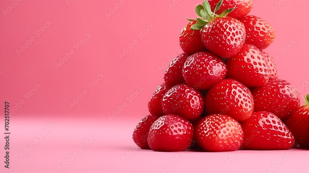 Poster stack of fresh strawberries on pink background, space for text : generative ai