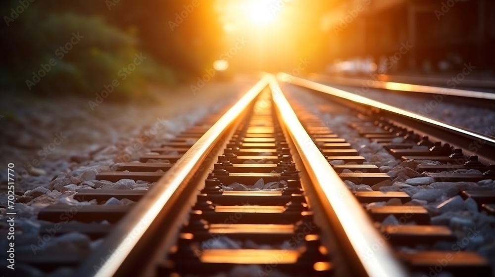 Poster close up and selective focus photo of railway track or railroad or rel kereta api with morning sunli