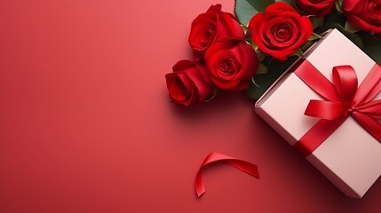 Beautiful gift box and roses on red background, flat lay with space for text. Valentine's day celebration : Generative AI