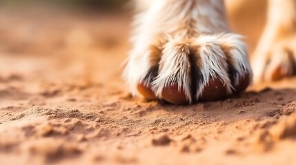 Dog paws close up. Defocused abstract background. Dog claws with dirt and scratches after training....