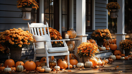 Festive Front Porch: Halloween Pumpkins (Jack O&#x27; Lanterns), Flowers, and Chairs Adorning the Exterior Home Decor, Creating a Charming Seasonal Display in Gray and White