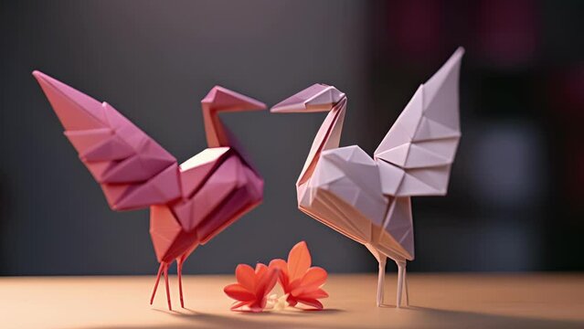 Two origami cranes stand side by side, their wings creating a heart shape as they gaze lovingly at each other, representing the deep connection and devotion in a couples love.