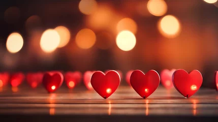 Fotobehang Close up of red hearts on wooden table against defocused lights. St. Valentine's Day background : Generative AI © Generative AI