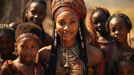 Obraz premium A Group of Beautiful African Women and Their Children, Capturing the Beauty of Motherhood and Togetherness