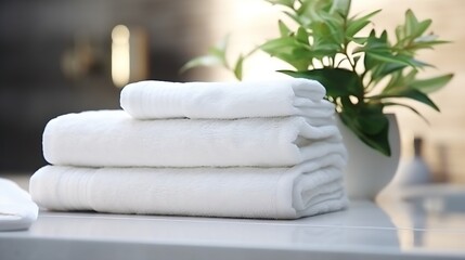 Fototapeta na wymiar Stack of white towels on table in bathroom : Generative AI