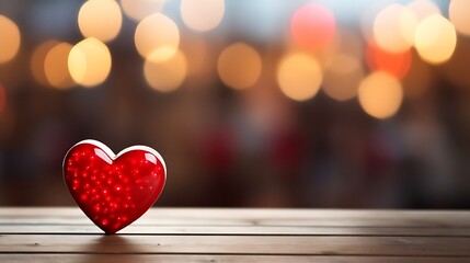 Close up of red heart on wooden table against defocused bokeh light background. Love, valentine's day concept. : Generative AI
