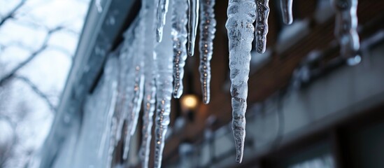 Melting, transparent icicles hanging from the building's roof.