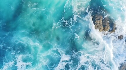 From above aerial view of turquoise ocean water with splashes and foam for abstract natural background and texture : Generative AI