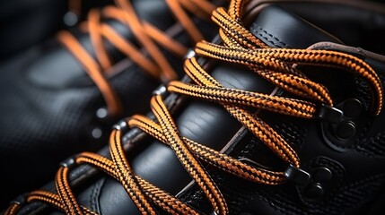 Laces on modern leather sport boots, macro shot selective focus close-up : Generative AI