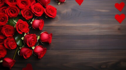 Red roses flowers with red hearts on old wooden background with place for text. Romantic Valentines holidays concept. Valentine's day greeting card. Copy space. Top view. : Generative AI