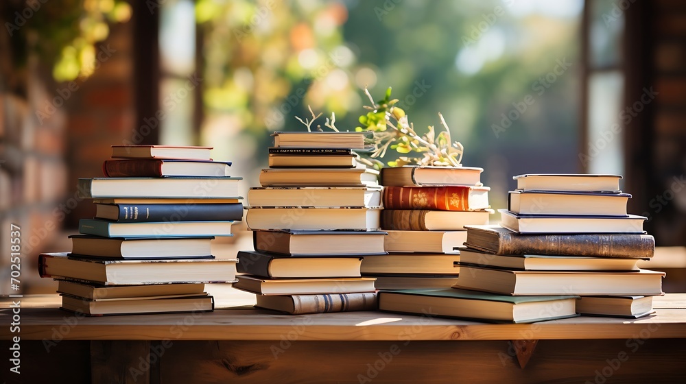 Fototapete A simple composition of many books, stack or pile of books on wooden table, one of them open with copy space. : Generative AI