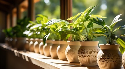 House plants on a windowsill in sunlight : Generative AI