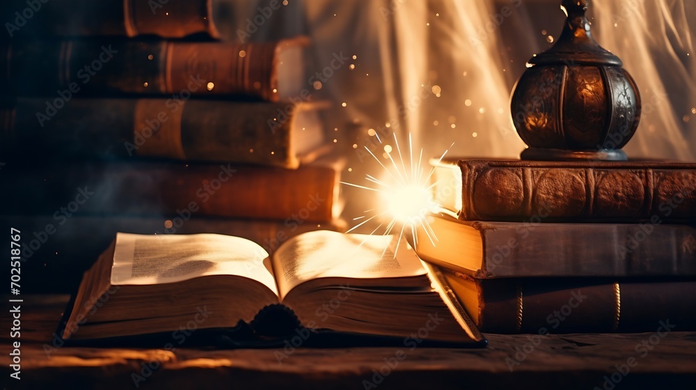 Poster old books on wooden desk and ray of light. bookshelf history theme grunge background. concept on the