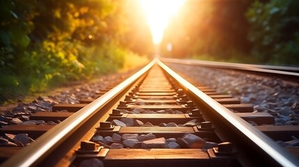 Close up and selective focus photo of railway track or railroad or rel kereta api with morning sunlight. : Generative AI - Powered by Adobe