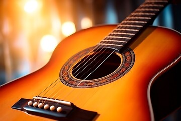 Fototapeta premium Musical instrument acoustic guitar with strings selective focus close-up : Generative AI