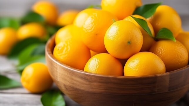 selective focus. Close-up fresh juicy kumquat in a wooden bowl on a light background. harvesting concept. : Generative AI