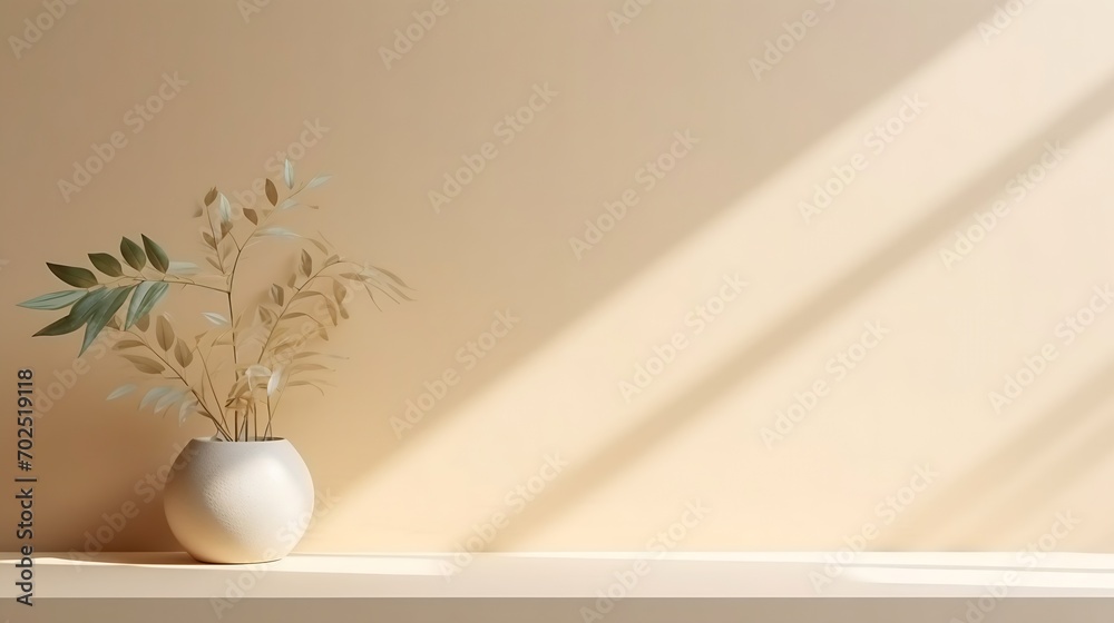 Poster Minimalistic abstract gentle light beige background for product presentation with light andand intricate shadow from the window and vegetation on wall. : Generative AI