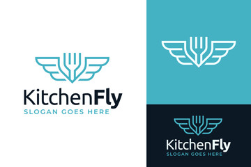 Creative Fork Kitchen Restaurant Food Plane Fly Aviation Logo Design Branding Template