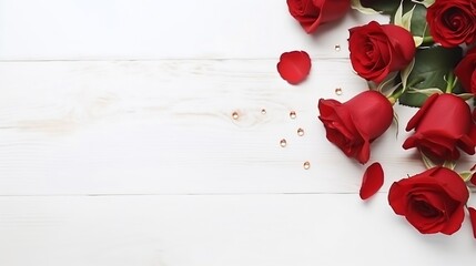 Romantic still life, red roses on white wooden background. Valentine's day concept.Soft focus : Generative AI