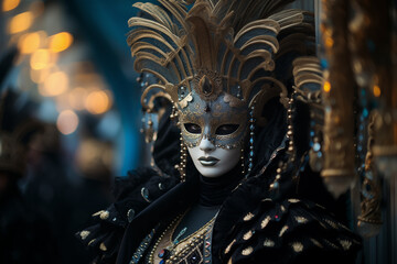 Elegant Person in Ornate Mask and Costume at Venice Carnival