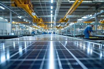 Solar Panel Production Process on Advanced Factory. Generative AI. - obrazy, fototapety, plakaty