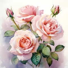 bouquet of pink and peach color roses watercolor illustration