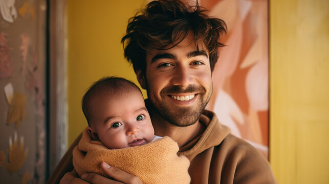 A cheerful young father cuddles his infant wrapped in a cozy blanket, sharing a heartwarming, affectionate moment.