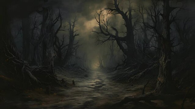 A desolate forest path bordered by twisted spindly trees a cloudy sky above full of nocturnal creatures and a faint howling in the distance.
