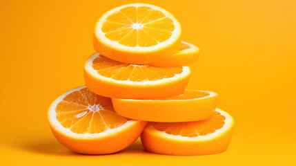 Fresh orange slices stacked creatively against a bright orange background.