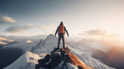 Naklejka na ściany i meble An explorer stands triumphantly at the peak of a snow-covered mountain during the golden hour, with a stunning vista of peaks around.