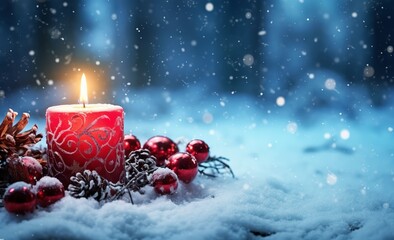 Red Candle and Festive Decorations Creating an Advent Atmosphere on Snow. Made with Generative AI Technology
