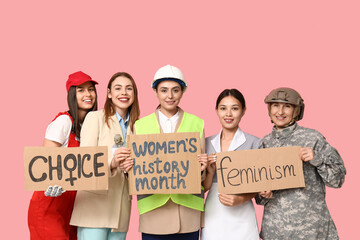 Women of different professions holding cardboard pieces with different text on pink background....