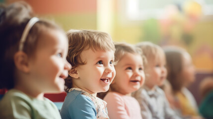 A row of delighted toddlers smiling and focusing intently during an entertaining puppet show performance. - obrazy, fototapety, plakaty