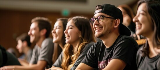 Obraz premium Laughing university students in a classroom.